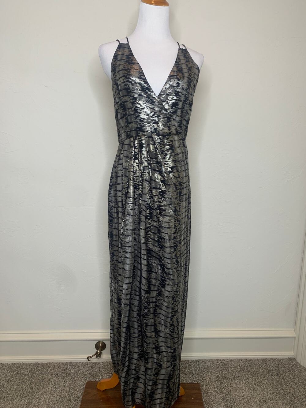 Vintage V Label London Metallic Faux Wrap Ruched Dress Maxi Slit Sz Small